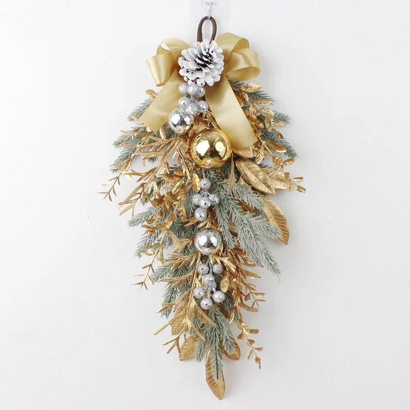 A 55cm tree shaped, artificial gold Christmas wreath with silver and gold detailing.