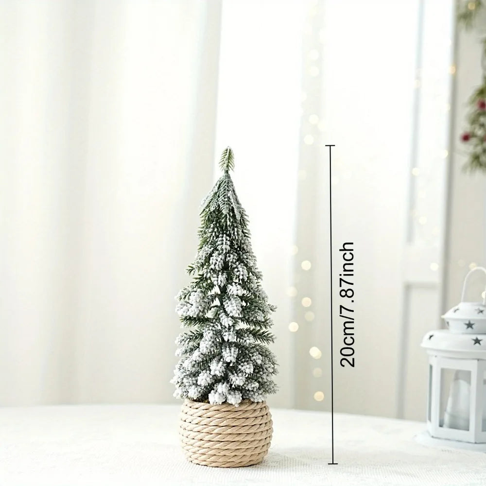 Artificial snowy Christmas tree with a rustic linen-wrapped burlap base and dimensions stated.