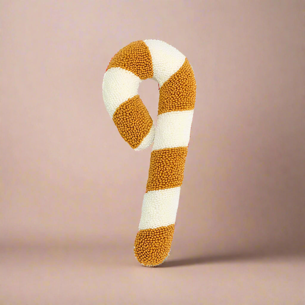 Beige and Gold Christmas Cushion. An embroidered candy stick design in soft neutral tones.