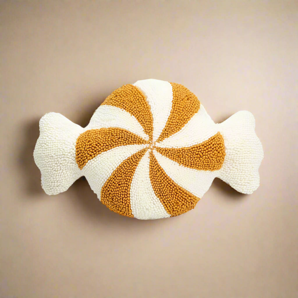Beige and Gold Christmas Cushion. An embroidered sweet design in soft neutral tones.