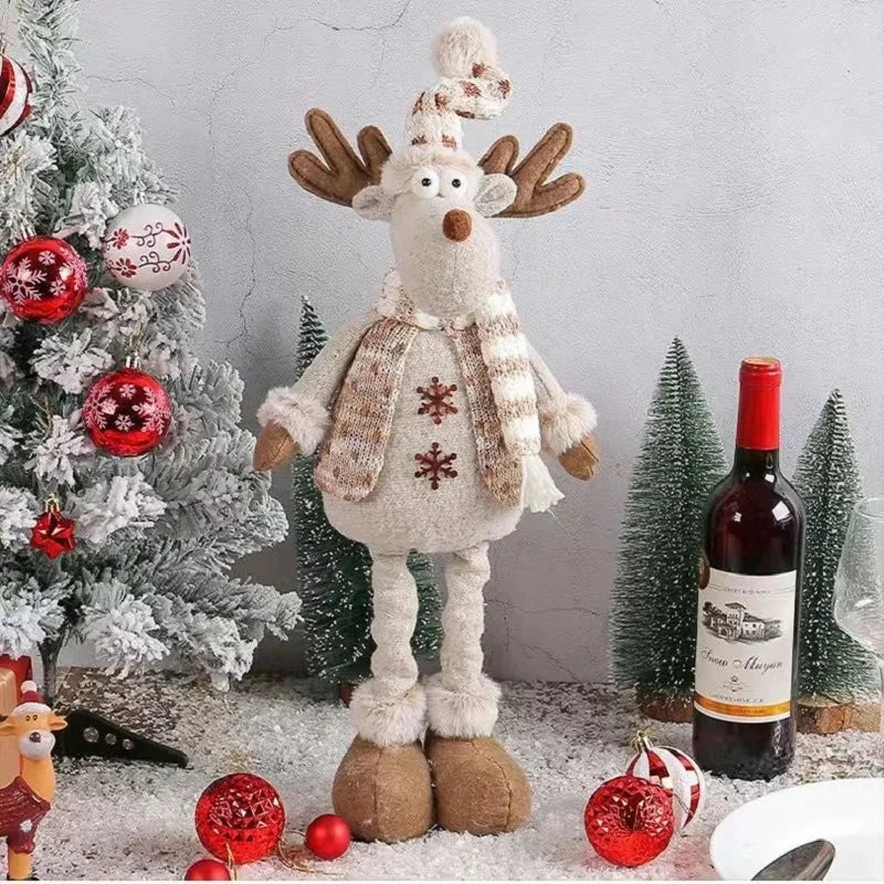 A festive, Christmas soft cloth figurine with telescopic legs featuring a reindeer character against a festive indoor background.