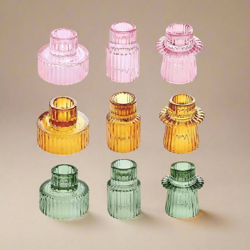 Three colours of 3pcs glass candlestick holders for minimalist home decor.