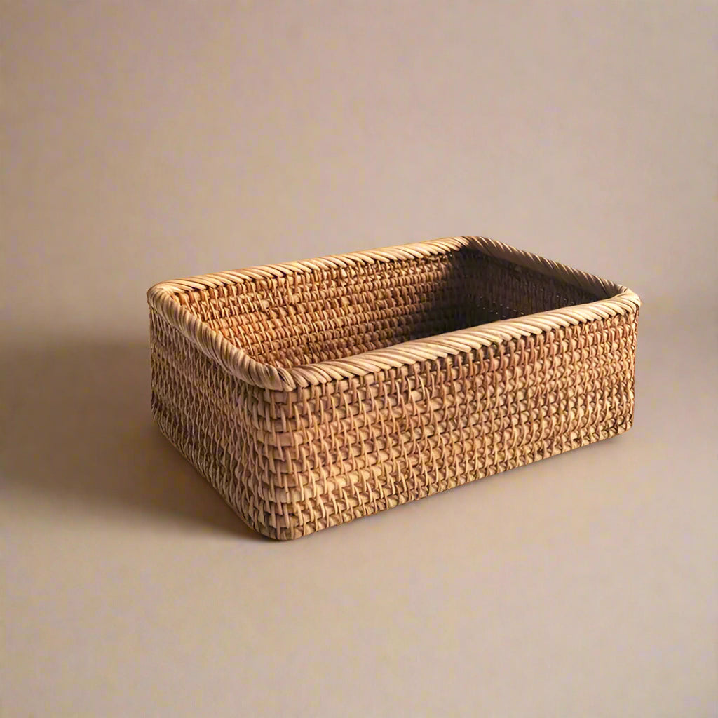 Woven rectangular basket with dimensions labeled on a white background