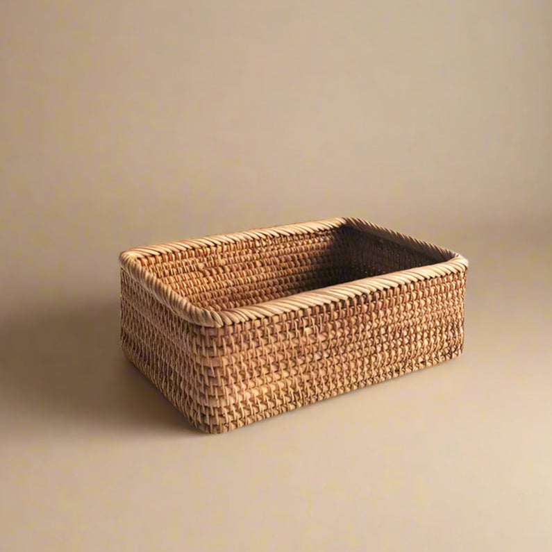 Woven basket with dimensions labeled on a white background