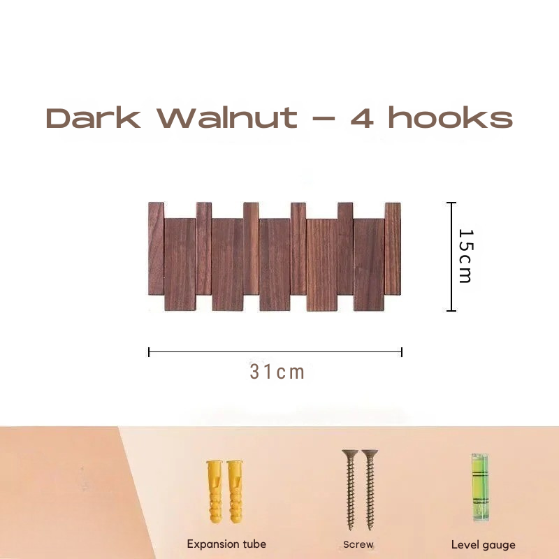 Dark walnut wall hook set with dimensions and included accessories on a white background