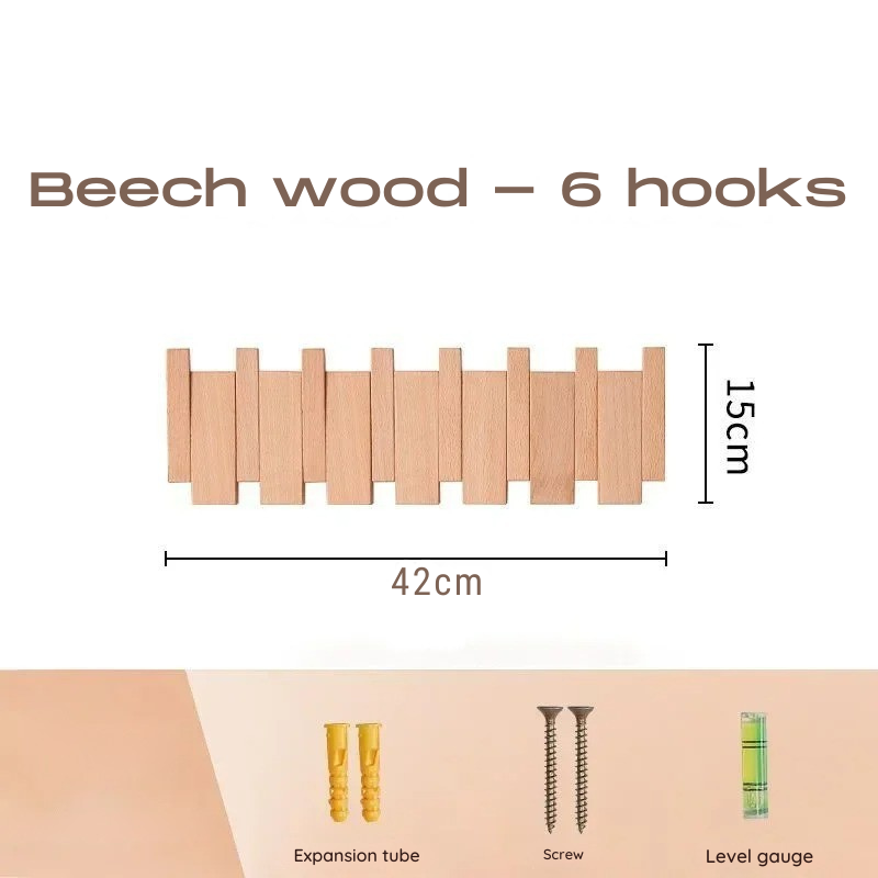 Wooden wall hook with measurements and included accessories on a white background