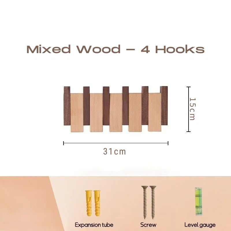 Wall-mounted hook set with mixed wood design, dimensions, and included accessories on a white background.