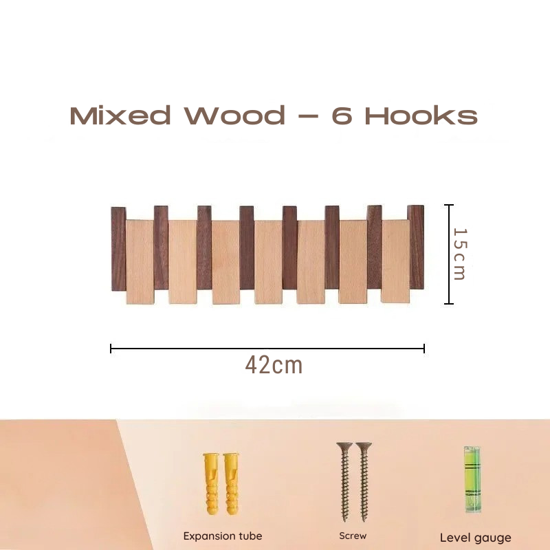 Wooden hook rack with dimensions and accessories on a beige background