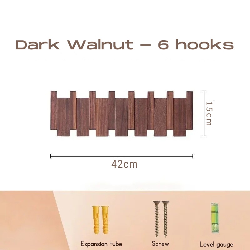 Dark walnut wooden hook rack with dimensions and accessories on a white background