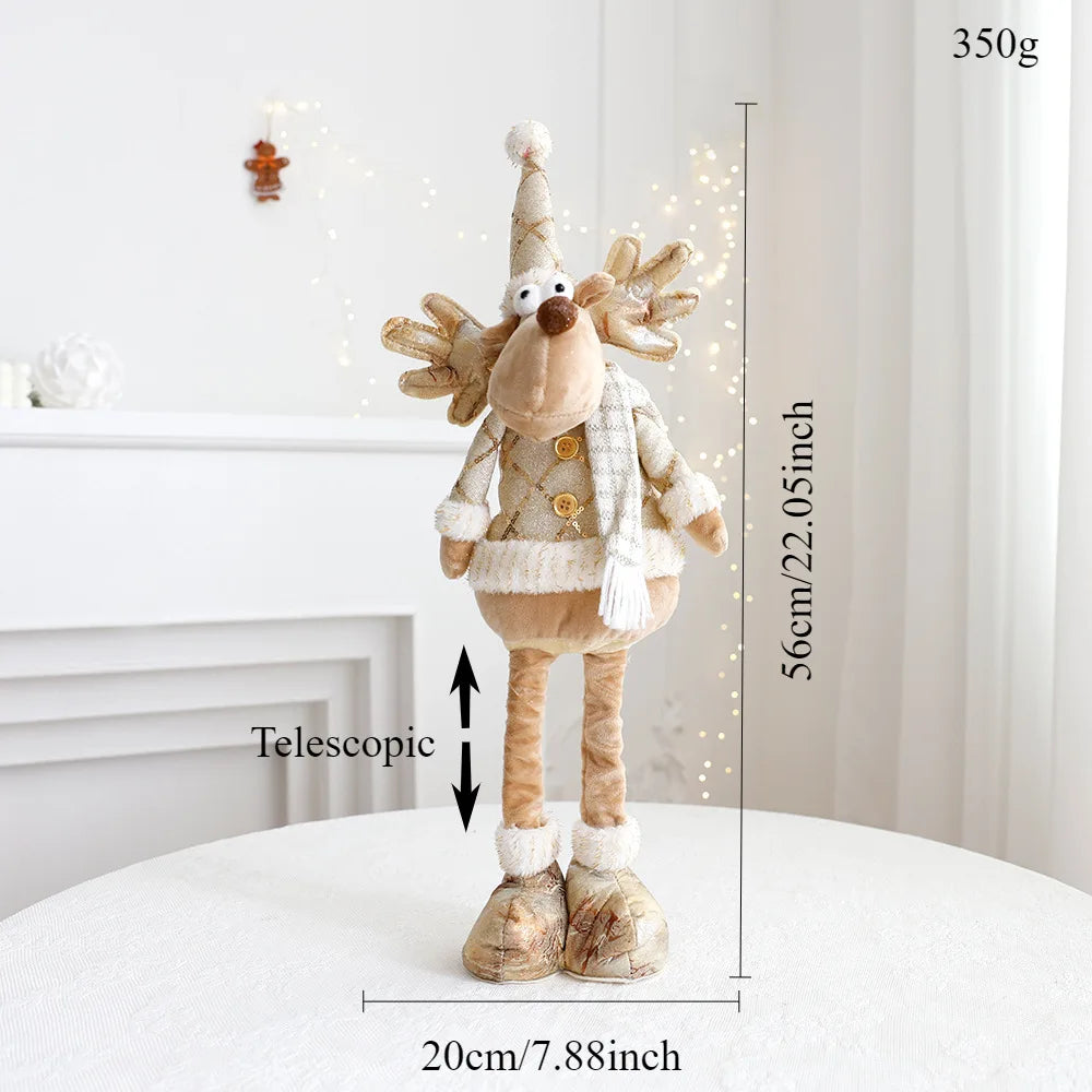 A festive, Christmas soft cloth figurine with telescopic legs featuring a reindeer character against a white background. Measurements are also stated.