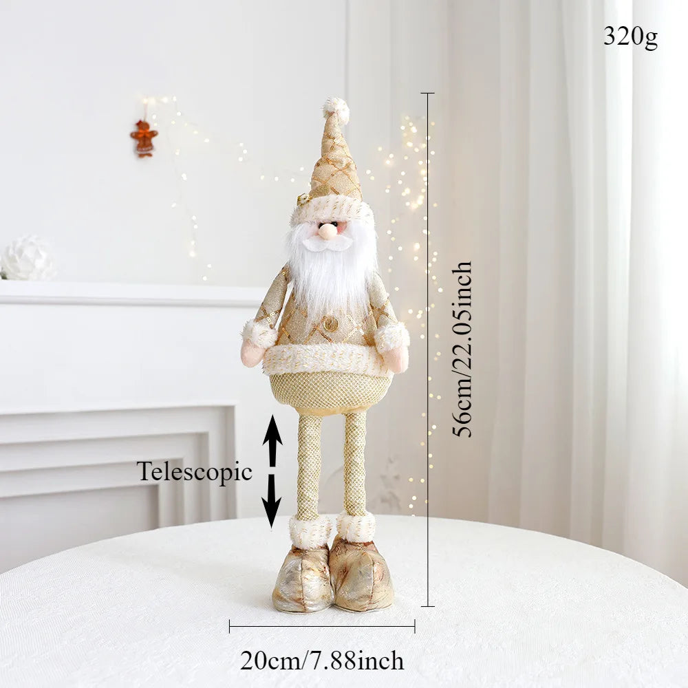 A festive, Christmas soft cloth figurine with telescopic legs featuring a Santa character against a white background. Measurements are also stated.