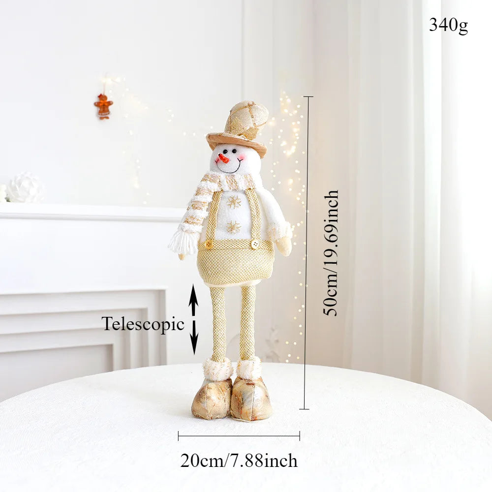 A festive, Christmas soft cloth figurine with telescopic legs featuring a snowman character against a white background. Measurements are also stated.