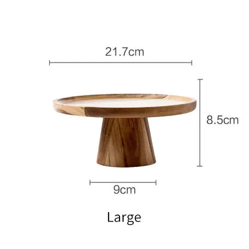 A large natural wood cake stand with dimensions stated