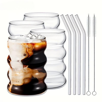 4pcs Wavy Glass Set With Straws