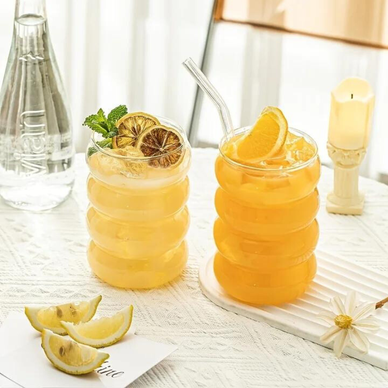 4pcs Wavy Glass Set With Straws