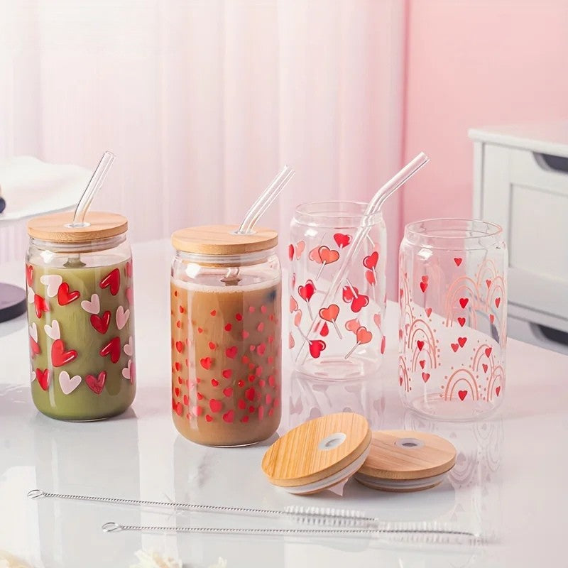 4pcs Heart Printed Glass Tumblers