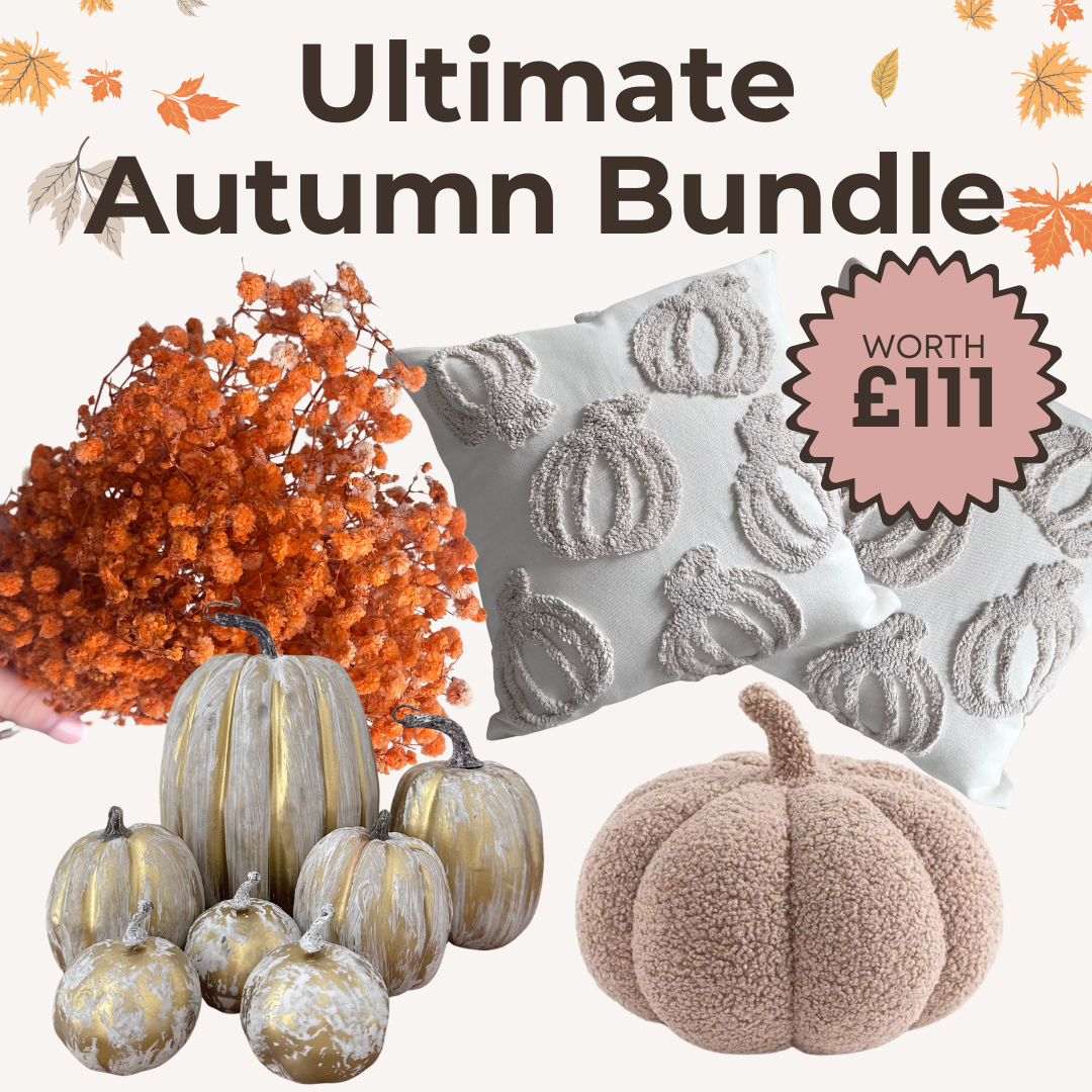 Autumn-themed decor bundle with pumpkins, a pillow, and decorative elements on a white background.