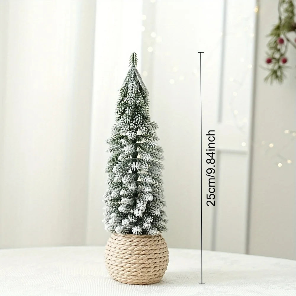 Artificial snowy Christmas tree with a rustic linen-wrapped burlap base and dimensions stated. 
