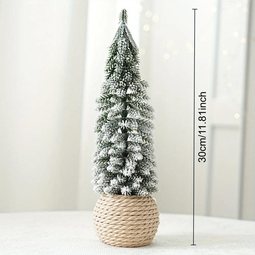 Artificial snowy Christmas tree with a rustic linen-wrapped burlap base and dimensions stated. 