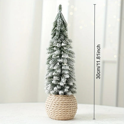 Artificial snowy Christmas tree with a rustic linen-wrapped burlap base and dimensions stated. 