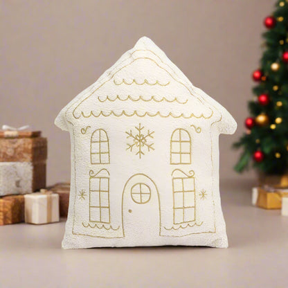 Beige and Gold Christmas Cushion. An embroidered house design in soft neutral tones.