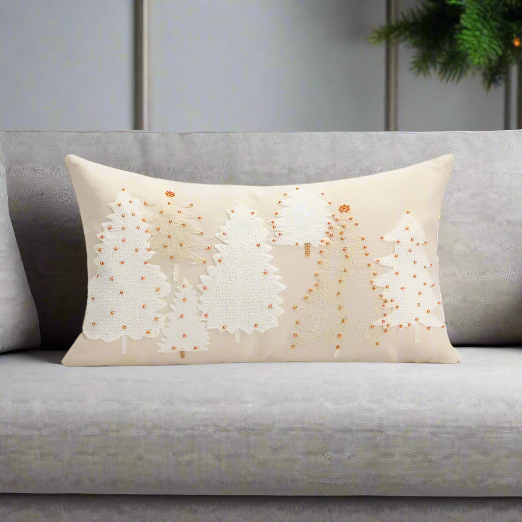 Beige and Gold Christmas Cushion. An embroidered Christmas tree design in soft neutral tones.