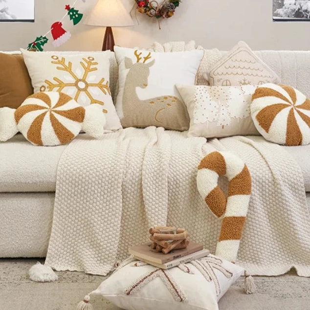 Beige and Gold Christmas Cushions, a collection of embroidered and tufted designs in soft neutral tones