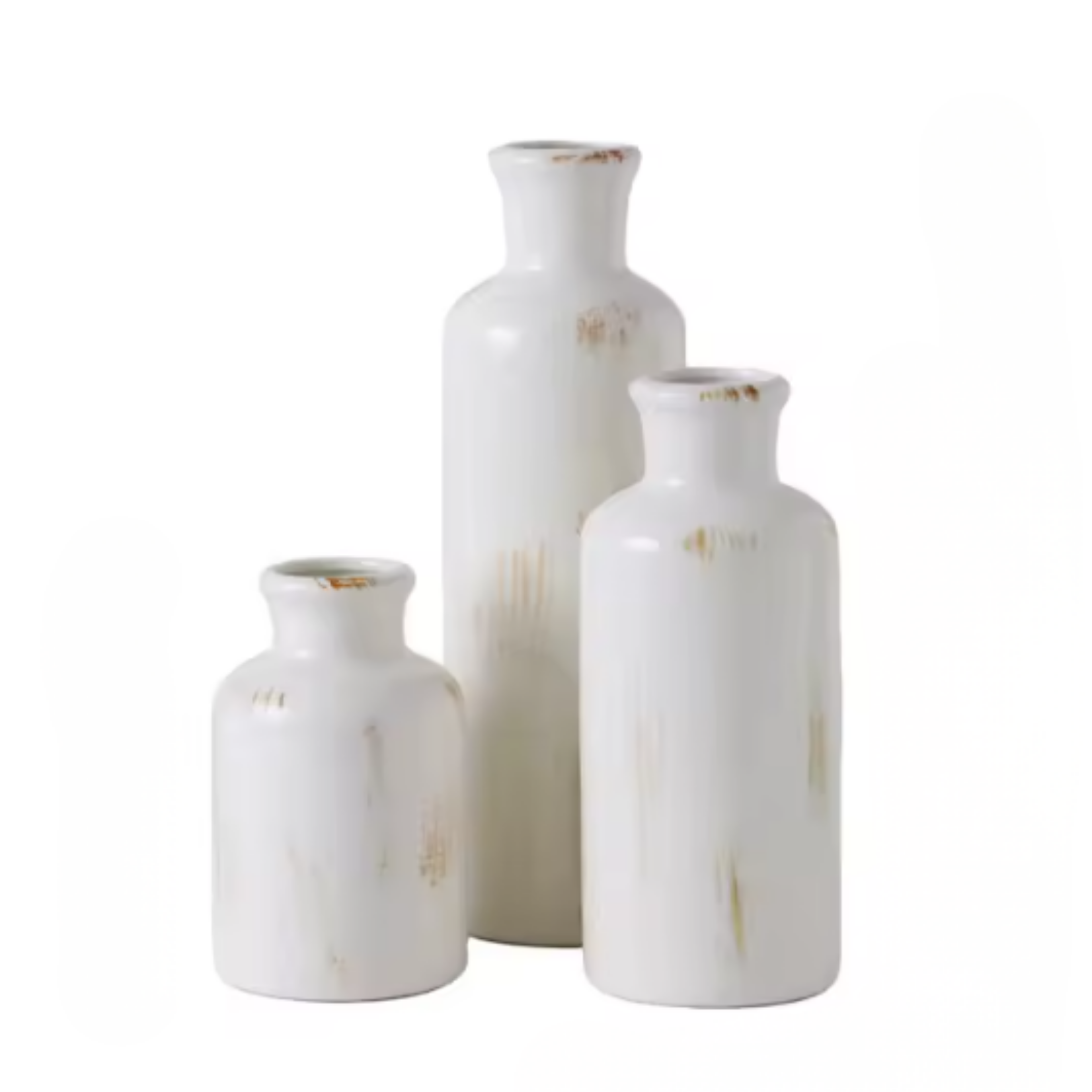 Three white ceramic, crackle glaze vases with gold accents on a white background
