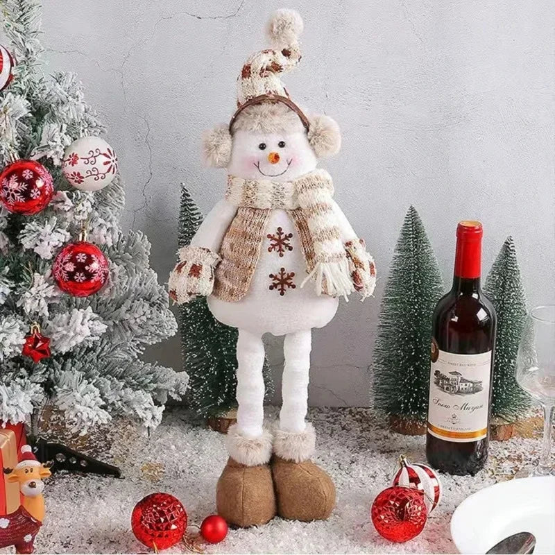 A festive, Christmas soft cloth figurine with telescopic legs featuring a snowman character against a festive indoor background.