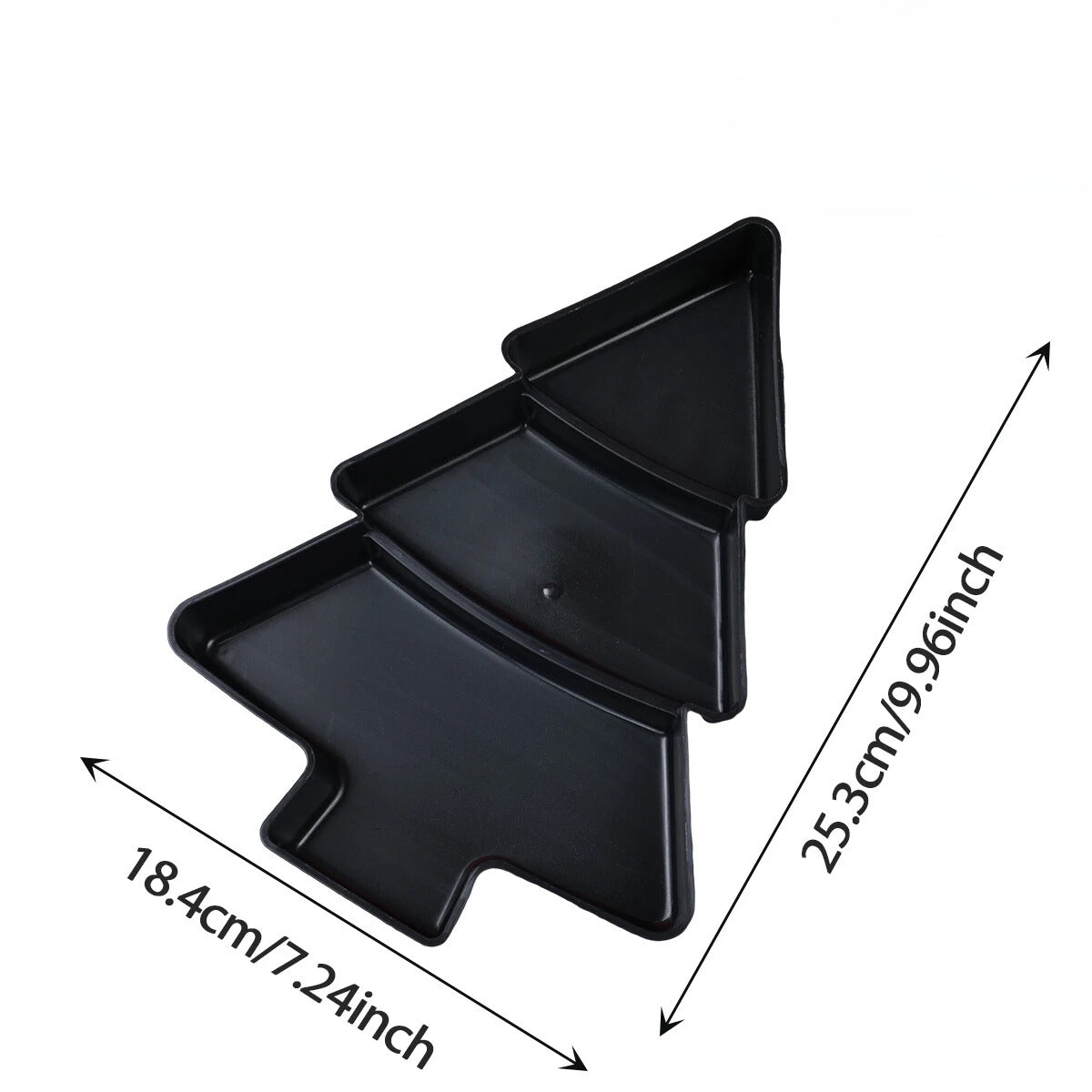 A black Christmas tree-shaped snack plates, suitable for snacks such as fruits, nuts and sweets. Dimensions are stated. 