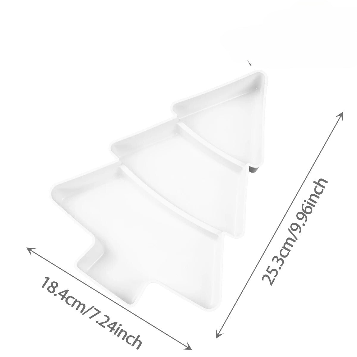 A white Christmas tree-shaped snack plates, suitable for snacks such as fruits, nuts and sweets. Dimensions are stated. 