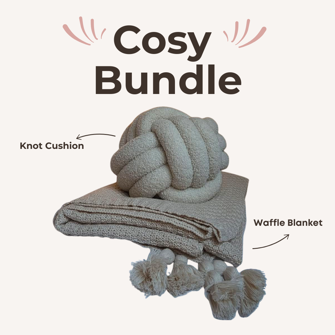 Cosy Bundle with knot cushion and waffle blanket on a white background