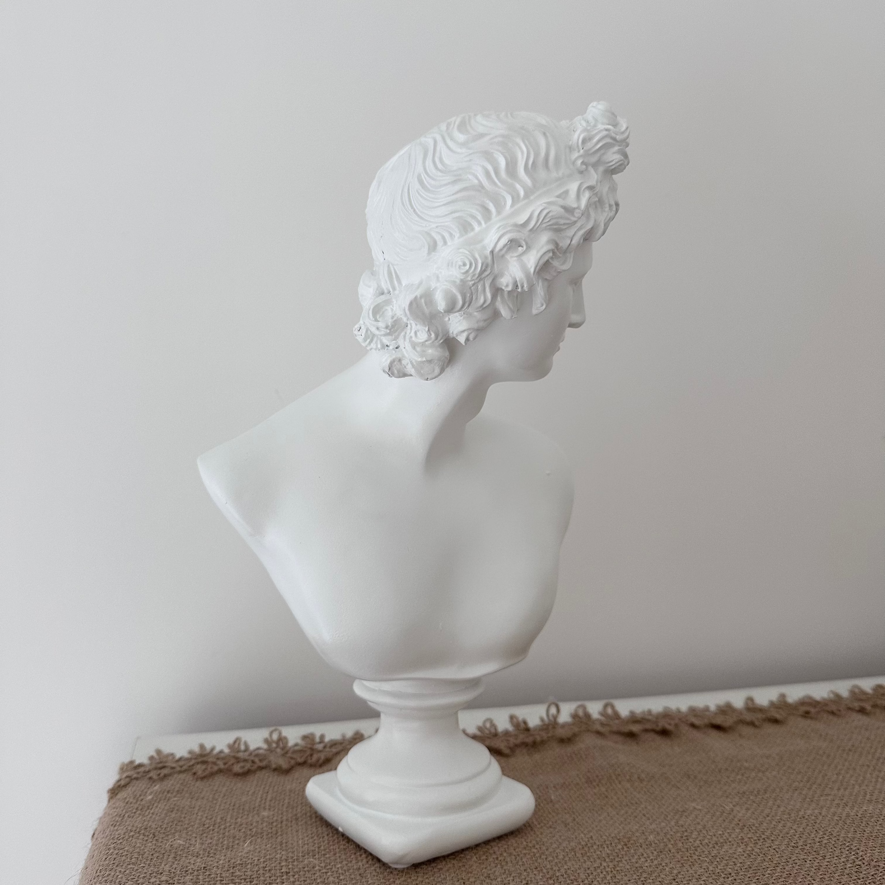 White classical bust sculpture on a textured surface with a neutral background