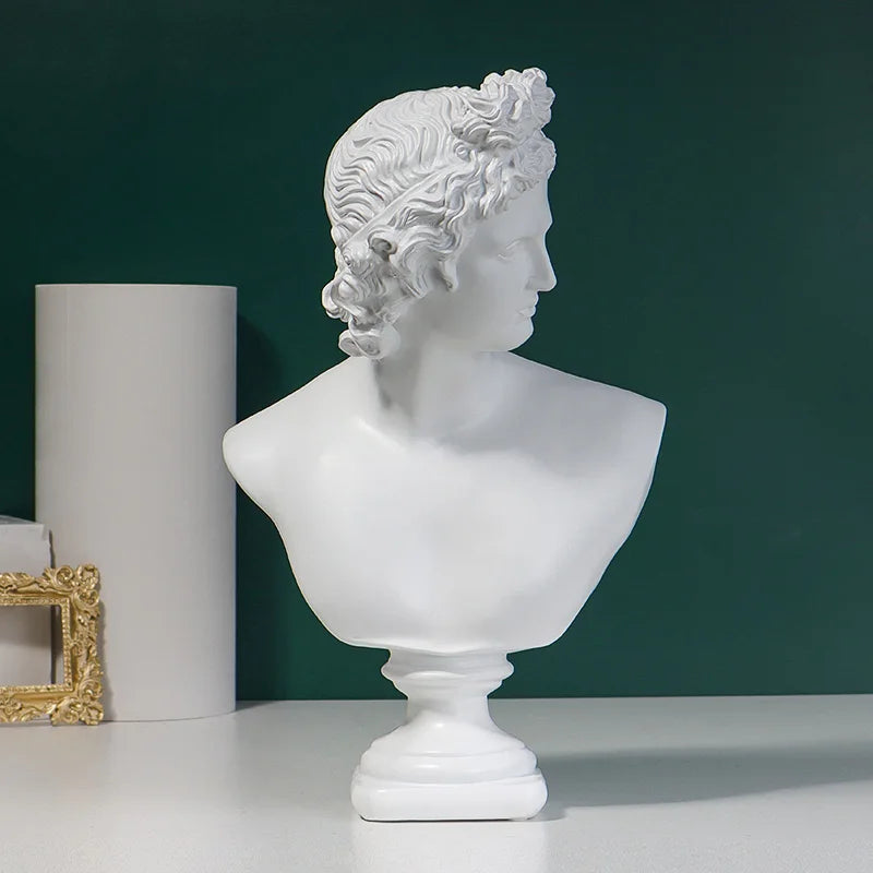 White classical Michelangelo David bust sculpture on a dark green background