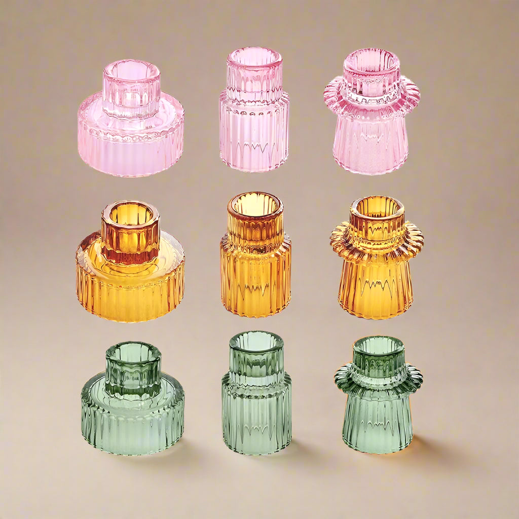 Three colours of 3pcs glass candlestick holders for minimalist home decor. 