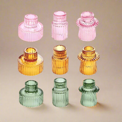 Three colours of 3pcs glass candlestick holders for minimalist home decor. 