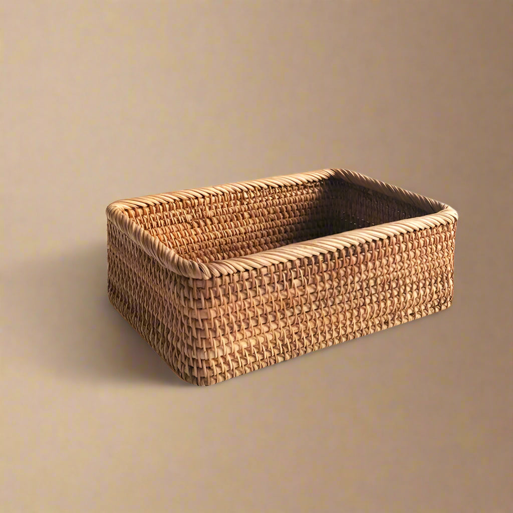 Woven storage basket with dimensions labeled on a white background