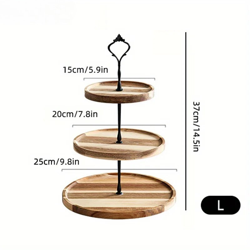 A three-tiered wooden cake stand with black central poles, displaying product dimensions on a white background.