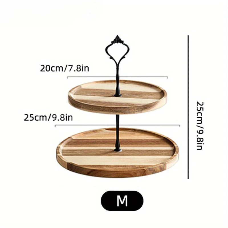 A two-tiered wooden cake stand with black central poles, displaying product dimensions on a white background.