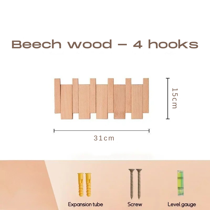 Beech wood coat hooks with dimensions and accessories on a white background