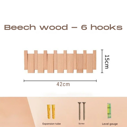 Wooden wall hook with measurements and included accessories on a white background