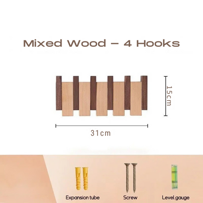 Wall-mounted hook set with mixed wood design, dimensions, and included accessories on a white background.