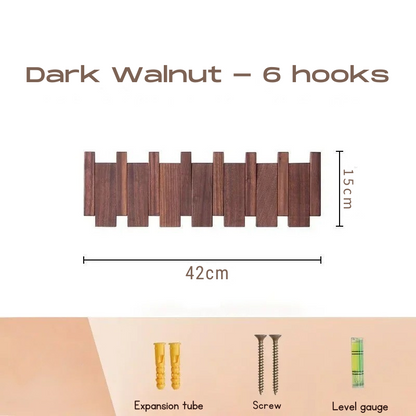 Dark walnut wooden hook rack with dimensions and accessories on a white background