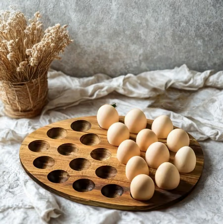 24 hole wooden egg holder with eggs on a textured surface with a neutral background