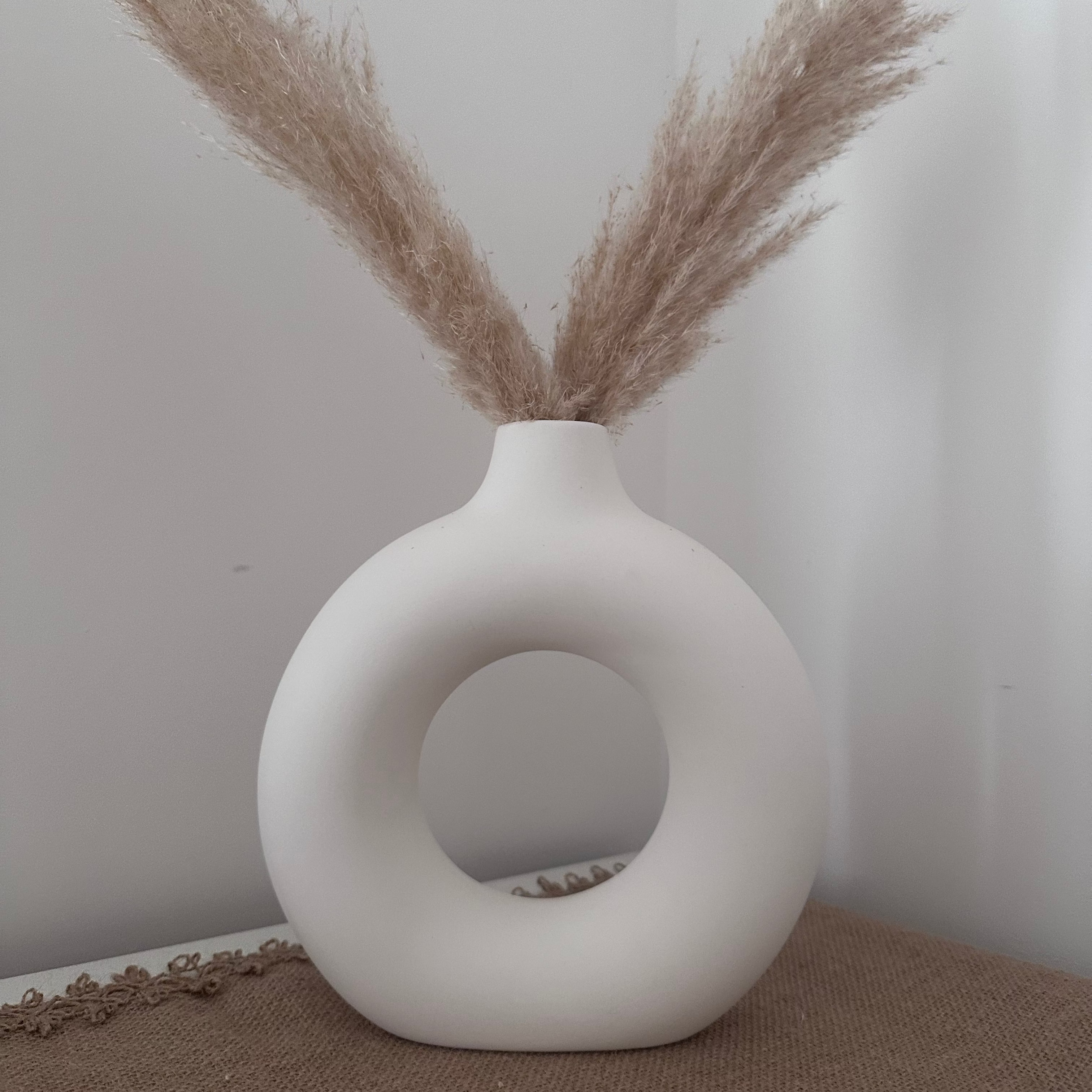 White vase with dried pampas grass against a plain wall