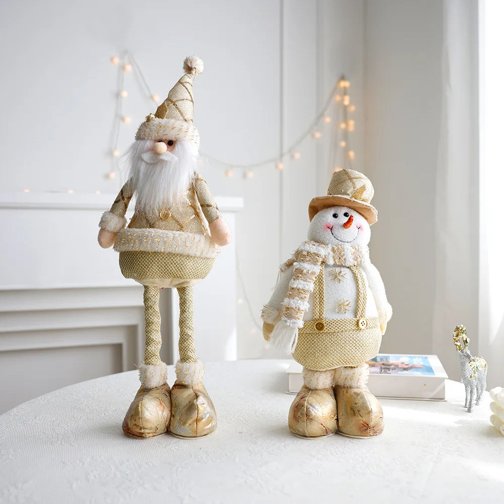 Festive, Christmas soft cloth figurines with telescopic legs featuring santa and snowman characters against a white background. 