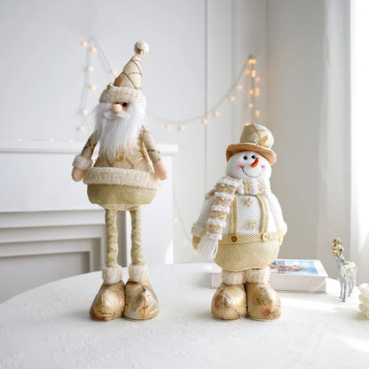 Festive, Christmas soft cloth figurines with telescopic legs featuring santa and snowman characters against a white background. 