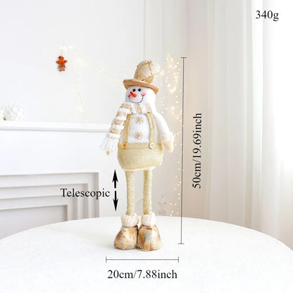 A festive, Christmas soft cloth figurine with telescopic legs featuring a snowman character against a white background. Measurements are also stated.  