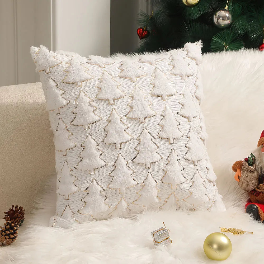 Plush Christmas tree cushion cover in white embroidered polyester. Available in 30×50 cm or 45×45 cm. Soft, festive, and cosy.