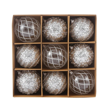 9-piece shiny bauble set in silver. 8 cm plastic ornaments with 3 designs per box. 